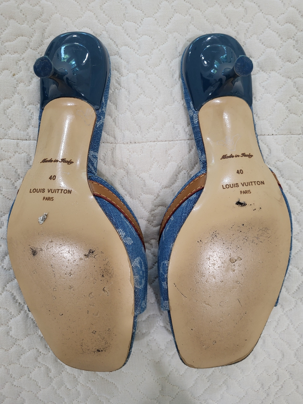 Louis Vuitton Croussant MM Denim Monogram Mules with Tan Leather Trim - Picture 4 of 5